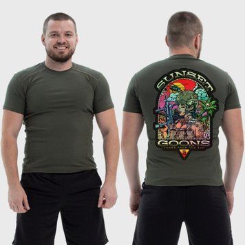 Чоловіча тактична футболка з принтом Sunset Goons дівчина палають пальми гелікоптер, Хакі 4071846 фото