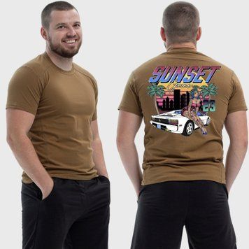 Чоловіча тактична футболка з принтом Sunset Goons дівчина авто пальми, Койот 4071843 фото
