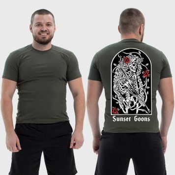 Чоловіча тактична футболка з принтом Sunset Goons скелет снайпер та троянди, Хакі 4071711 фото