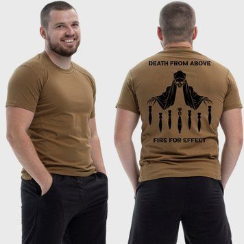 Чоловіча тактична футболка з принтом Death from above Смерть скидає міни, Койот 4071525 фото