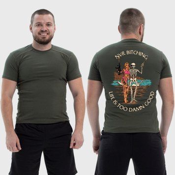 Чоловіча тактична футболка з принтом Sunset Goons дівчина та скелет, Хакі 4071832 фото