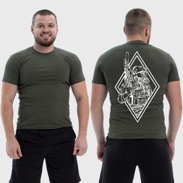 Чоловіча тактична футболка з принтом Військовий в тепловізорі з гвинтівкою, Хакі 4071932 фото