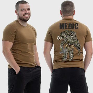 Чоловіча тактична футболка з принтом Medic військовий медик скелет витягає пораненого, Койот 4072099 фото