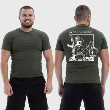 Чоловіча тактична футболка з принтом Combat medic військовий медик аптечка маска чуми, Хакі 4071948 фото