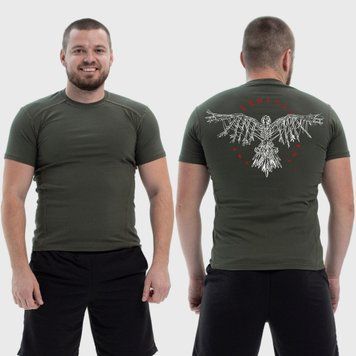 Чоловіча тактична футболка з принтом Ворон розкрив крила коло із рун, Хакі 4071959 фото