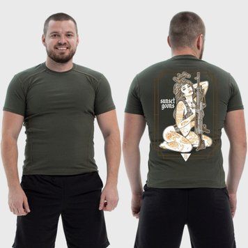 Чоловіча тактична футболка з принтом Sunset Goons дівчина жовті тату автомат, Хакі 4071784 фото