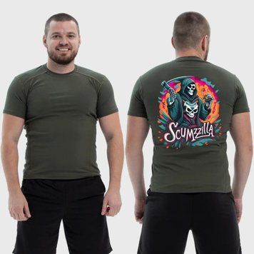 Чоловіча тактична футболка з принтом Scumzilla скелет у балахоні кольоровий арт, Хакі 4072088 фото
