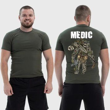 Чоловіча тактична футболка з принтом Medic військовий медик скелет витягає пораненого, Хакі 4072098 фото