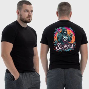 Чоловіча тактична футболка з принтом Scumzilla скелет у балахоні кольоровий арт, Чорний 4072087 фото
