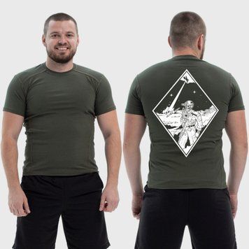 Чоловіча тактична футболка з принтом Військовий скелет та винищувач, Хакі 4071314 фото