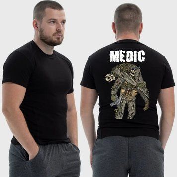 Чоловіча тактична футболка з принтом Medic військовий медик скелет витягає пораненого, Чорний 4072097 фото