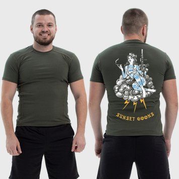 Чоловіча тактична футболка з принтом Sunset Goons дівчина на хмарах, Хакі 4071856 фото