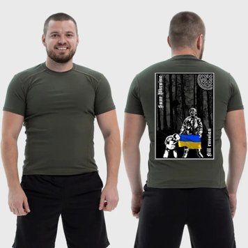 Чоловіча тактична футболка з принтом Save Ukraine kill **sian військовий прапор України, Хакі 4072091 фото