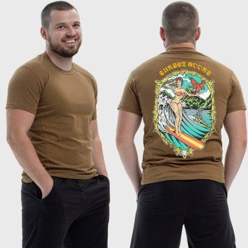 Чоловіча тактична футболка з принтом Sunset Goons дівчина на серфінгу, Койот 4071739 фото