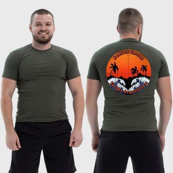 Чоловіча тактична футболка з принтом Sunset Goons морська піхота приціл пальми, Хакі 4071827 фото