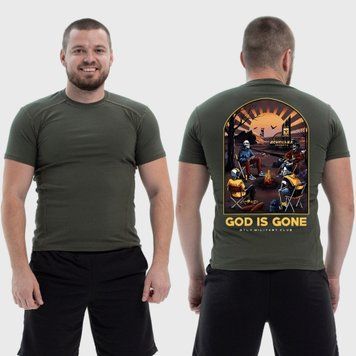 Чоловіча тактична футболка з принтом Sunset Goons Бог пішов скелети біля вогнища, Хакі 4071763 фото