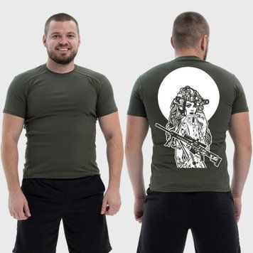 Чоловіча тактична футболка з принтом Sunset Goons дівчина з автоматом під повним місяцем, Хакі 4071945 фото