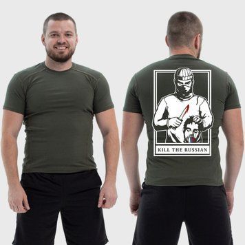 Чоловіча тактична футболка з принтом Kill to ru**an Хлопець з ножем і головою, Хакі 4071521 фото