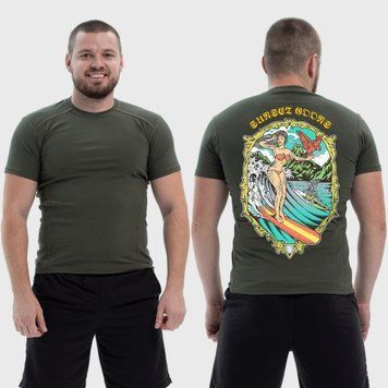 Чоловіча тактична футболка з принтом Sunset Goons дівчина на серфінгу, Хакі 4071738 фото