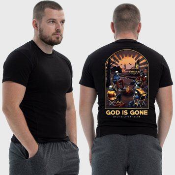 Чоловіча тактична футболка з принтом Sunset Goons Бог пішов скелети біля вогнища, Чорний 4071762 фото