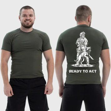 Чоловіча тактична футболка з принтом Ready to act військовий скелет та собака пес, Хакі 4072094 фото