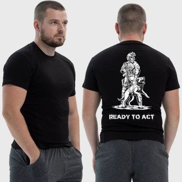 Чоловіча тактична футболка з принтом Ready to act військовий скелет та собака пес, Чорний 4072093 фото