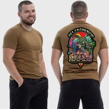 Чоловіча тактична футболка з принтом Sunset Goons дівчина палають пальми гелікоптер, Койот 4071847 фото