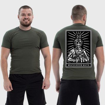 Чоловіча тактична футболка з принтом Sunset Goons death never waits карта скелет , Хакі 4071835 фото