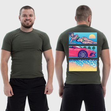 Чоловіча тактична футболка з принтом Sunset Goons дівчина машина пляж, Хакі 4071777 фото