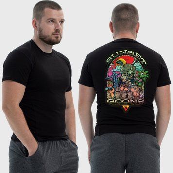 Чоловіча тактична футболка з принтом Sunset Goons дівчина палають пальми гелікоптер, Чорний 4071844 фото