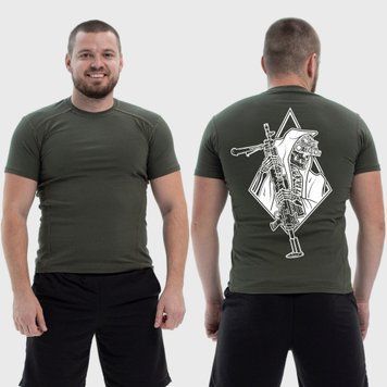 Чоловіча тактична футболка з принтом Смерть з гвинтівкою у ромбі скелет, Хакі 4071624 фото