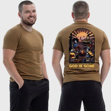 Чоловіча тактична футболка з принтом Sunset Goons Бог пішов скелети біля вогнища, Койот 4071764 фото